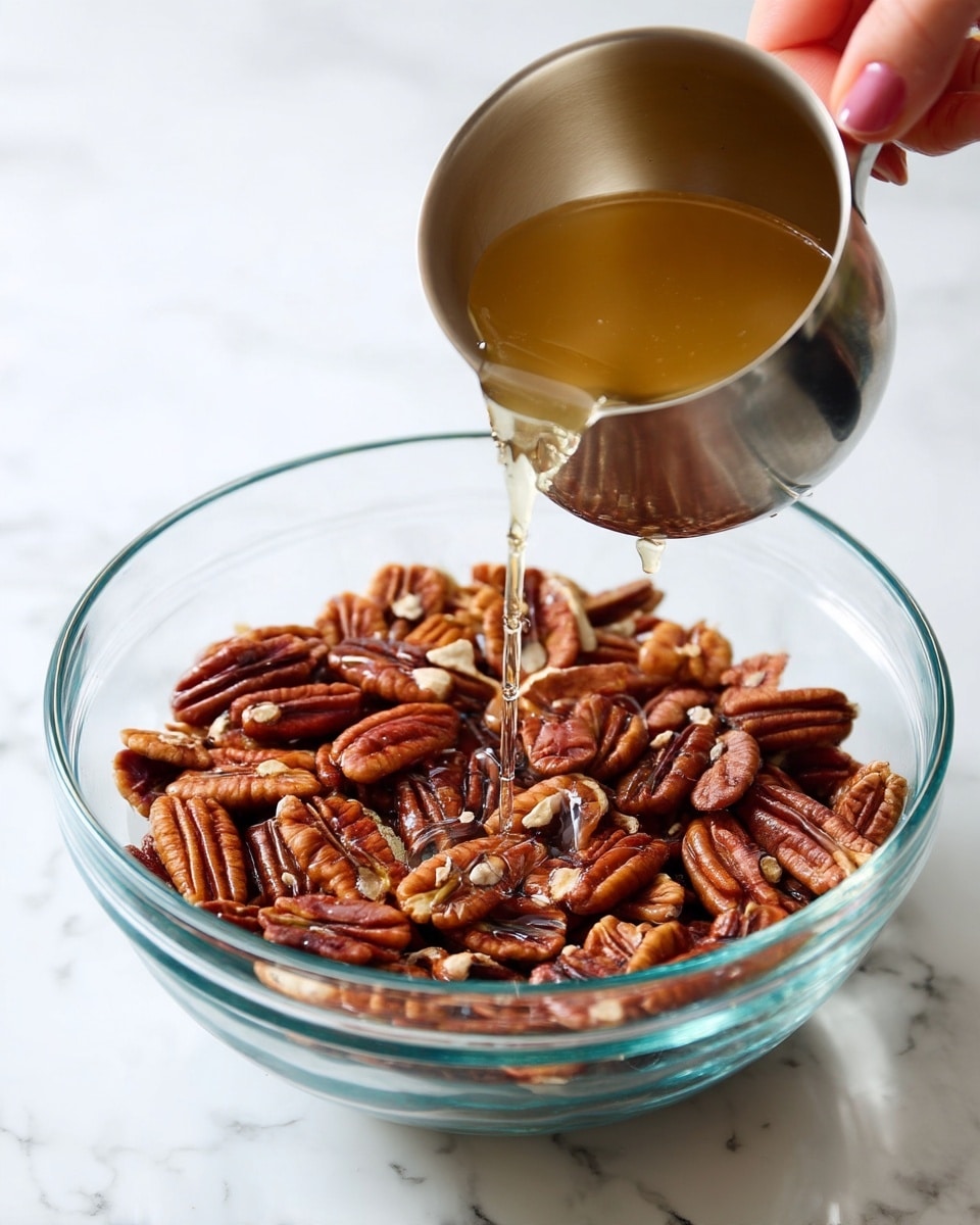 The image shows a clear glass bowl filled with a layer of whole pecans, rich brown in color and glossy in texture. A silver pot held by a woman's hand is pouring a light amber syrup over the pecans, creating a shiny finish and some syrup drips catching the light. The bowl sits on a white marbled surface, adding a clean and bright background that contrasts with the nuts and syrup. Photo taken with an iphone --ar 4:5 --v 7