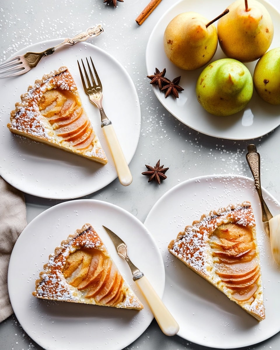 Pear Frangipane Tart Recipe 2 The image shows three slices of pear tart on white plates, each slice with a golden, scalloped crust and layered pear slices arranged in a fan shape, lightly browned on top and dusted with powdered sugar. The tart slices sit on a white marbled surface, with vintage forks having cream-colored handles placed next to two slices. Nearby, a white plate holds three peeled whole pears, and a whole unpeeled yellow-green pear, two cinnamon sticks, and a star anise are scattered across the surface. Photo taken with an iphone --ar 4:5 --v 7