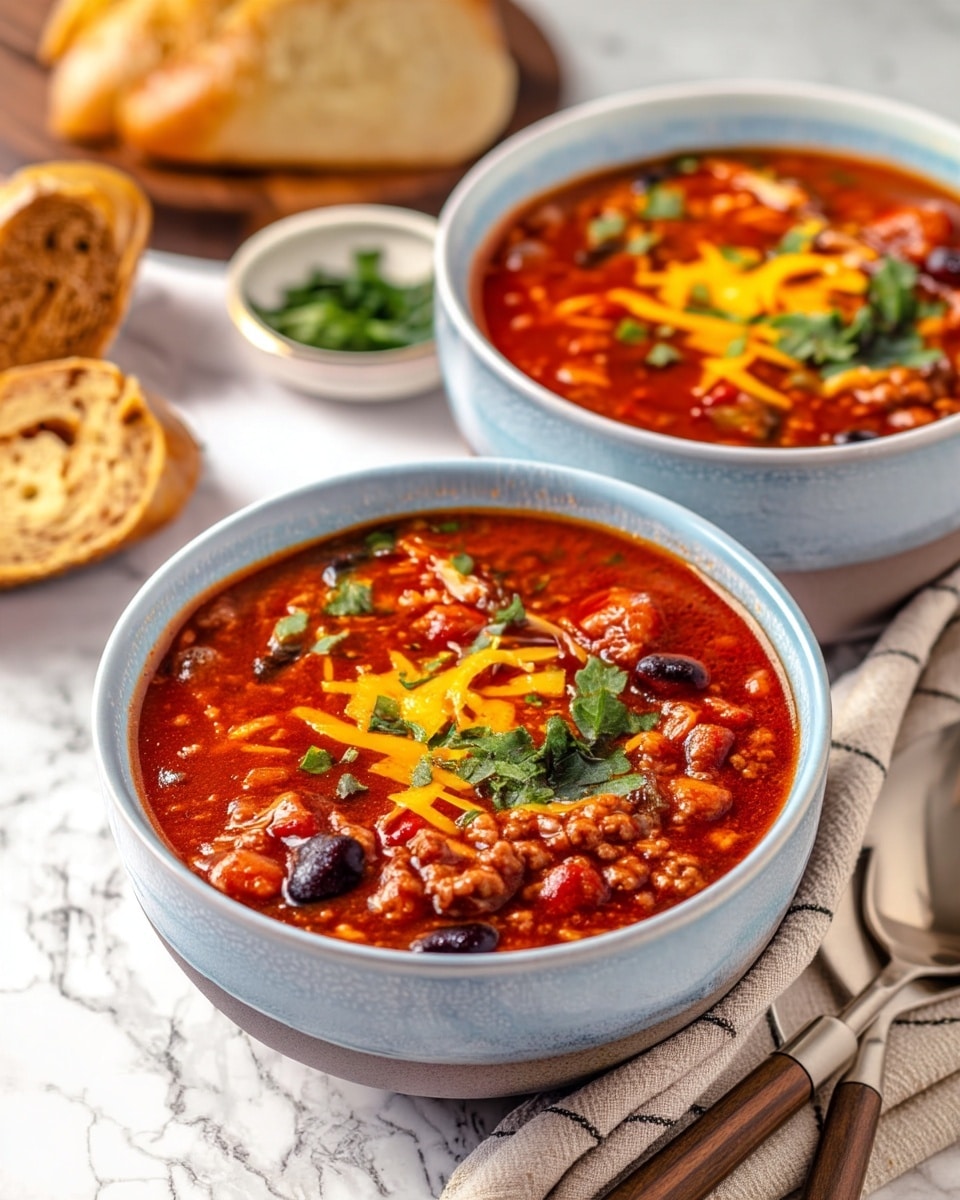 Vegan Stuffed Pepper Soup Recipe 5 Two bowls of thick chili soup sit on a white marbled surface, each bowl white with a light blue exterior and filled with a rich red chili base. The chili has visible layers of beans in dark purple and brown, small chunks of green and red vegetables, and bits of ground meat. The top layer is bright orange shredded cheese sprinkled with fresh green chopped herbs. Beside the front bowl, a silver spoon with a wooden handle rests on a beige cloth with dark stripes. In the background, slices of toasted bread and a small white bowl with green chopped herbs are slightly out of focus. Photo taken with an iphone --ar 4:5 --v 7