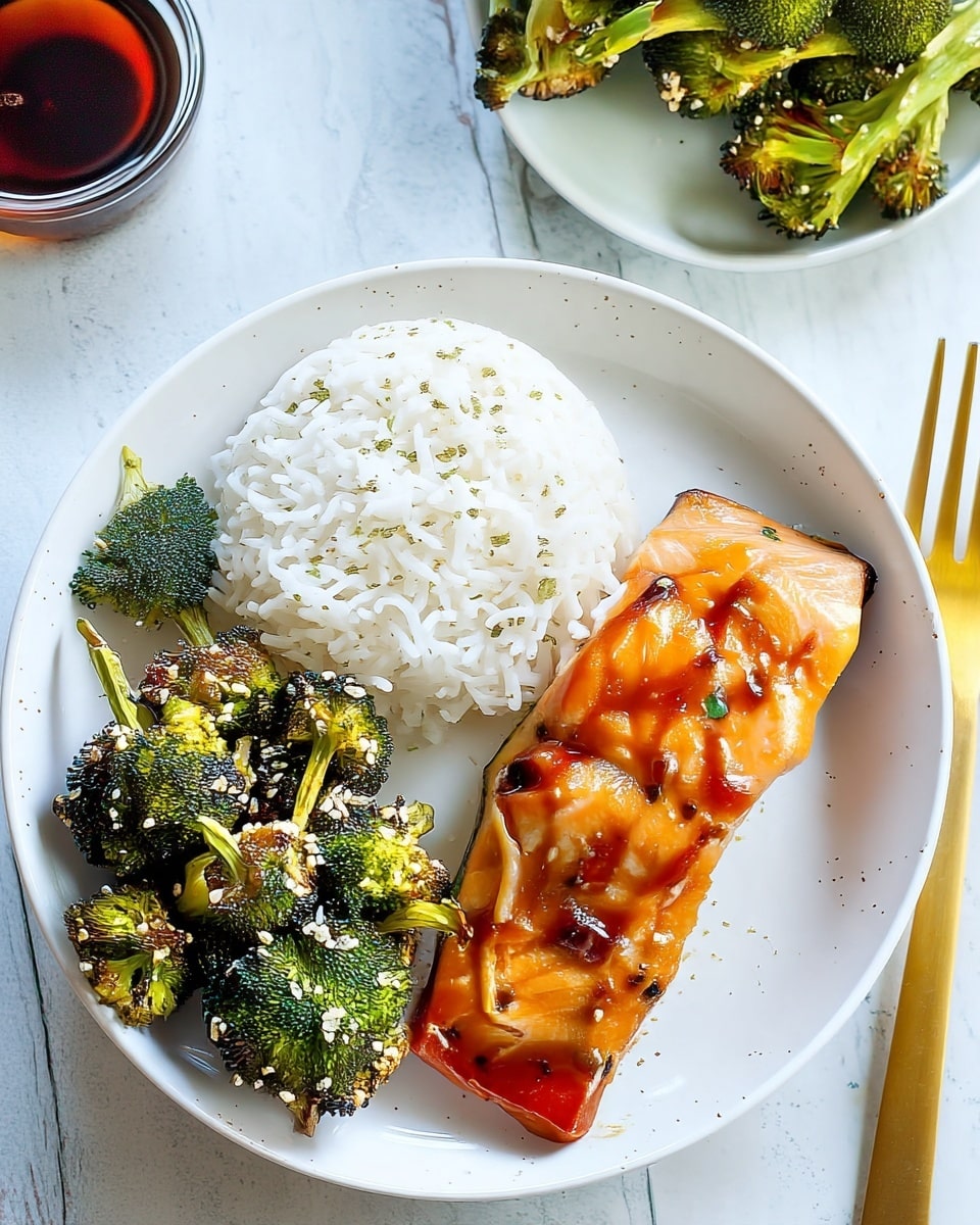 A white plate holds three main parts: on the left, roasted broccoli with a slightly dark green and crispy texture topped with white sesame seeds; in the middle, a mound of fluffy white rice with a soft, grainy texture; on the right, a rectangular piece of glazed salmon with a shiny, light brown-orange surface showing a few herbs and sauce pieces. The plate is set on a white marbled surface, with a small glass bowl of dark sauce near the top left and a white plate with more broccoli partially visible at the top right. A gold fork lies on the bottom right side. photo taken with an iphone --ar 4:5 --v 7