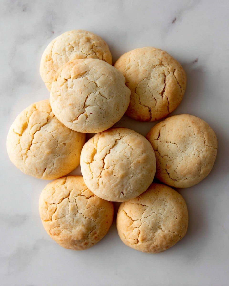 The image shows seven pale golden round cookies with a slightly cracked surface, arranged loosely on a white marbled texture. Each cookie has a smooth, slightly domed top with visible light cracks and a soft, crumbly texture. The cookies vary a bit in size but are all roughly the same shape, sitting directly on the surface without any plate or bowl. The light is soft, emphasizing the warm beige and off-white tones of the cookies and the clean white marbled background. photo taken with an iphone --ar 4:5 --v 7