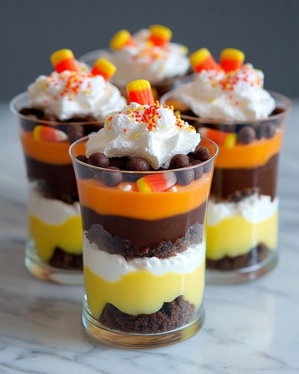 Four clear glass cups are filled with six layers each, standing on a white marbled surface. The bottom layer is crunchy, round chocolate cereal balls dark brown in color. Above this is a smooth pale yellow pudding layer, topped by a white whipped cream layer. Next is a dense, dark brown chocolate pudding layer, followed by a bright orange thick layer. On top of that sits another crunchy chocolate cereal ball layer, with small pieces of orange and yellow candy corn scattered within. Each cup is finished with a white whipped cream topping sprinkled with small orange and yellow bits. The cups are lined up close together in a row. photo taken with an iphone --ar 4:5 --v 7
