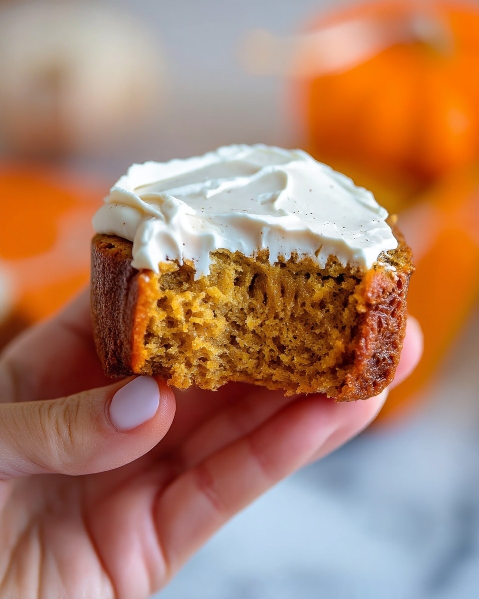 A close-up of a slice of brown cake with a thick layer of creamy white frosting spread unevenly on top. The cake has a soft texture with small air holes visible, and a woman's hand is holding the cake, showing a bite taken from one corner. The background is a soft white marbled surface, slightly blurred to keep focus on the cake. photo taken with an iphone --ar 4:5 --v 7