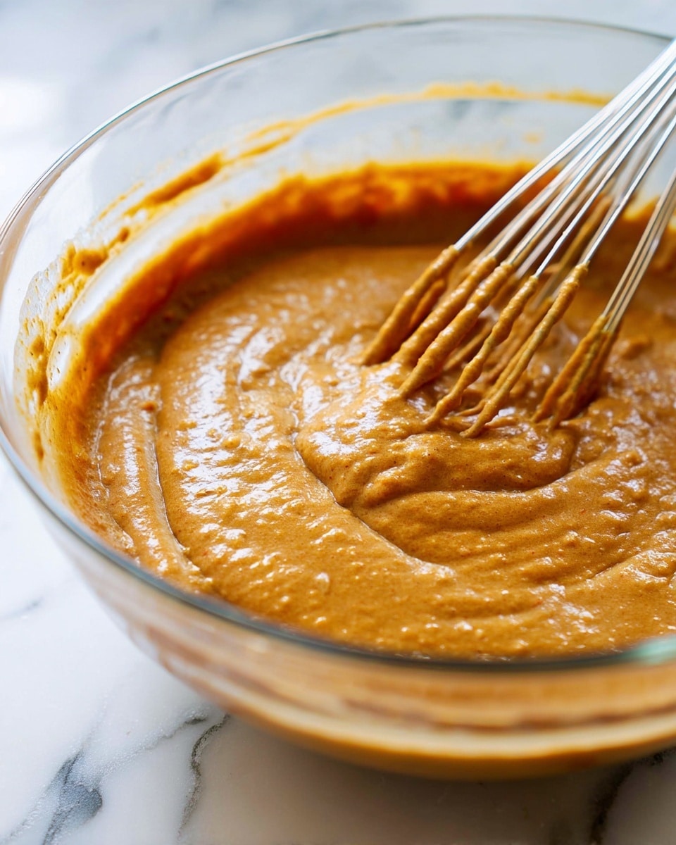 A close-up shot of a thick, brownish-orange batter in a clear glass bowl with a metal whisk partially submerged in it. The batter has a smooth, creamy texture with small bubbles and light ridges where the whisk has moved through it. The background features a white marbled texture. Photo taken with an iphone --ar 4:5 --v 7