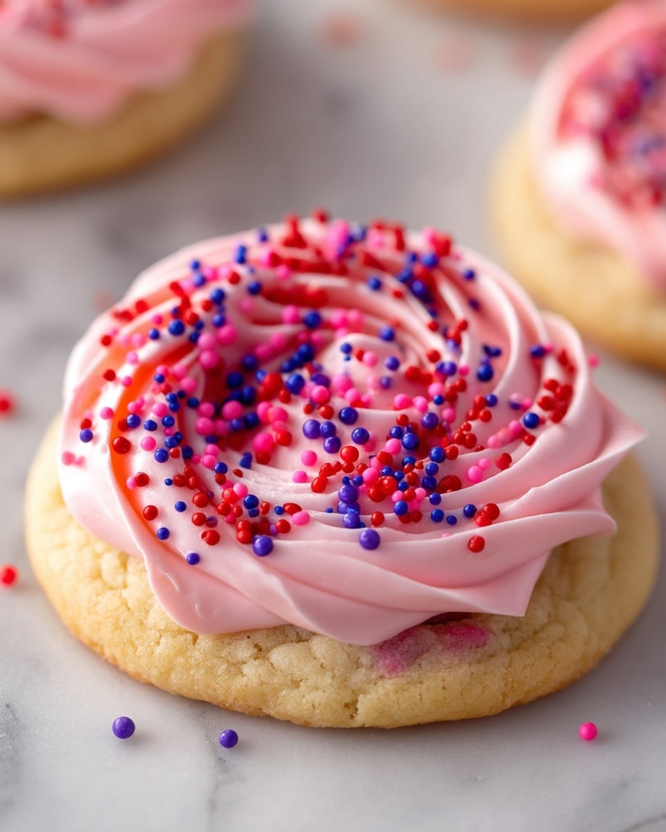 A close-up view of a single cookie with a soft, light golden base that looks slightly crumbly. On top, there is one thick, smooth swirl of pink frosting that covers the entire cookie surface in a circular pattern. The frosting is decorated with small round sprinkles in bright colors including red, blue, and pink, scattered evenly. The cookie rests on a crumpled light beige paper with a white marbled surface in the background. Photo taken with an iphone --ar 4:5 --v 7