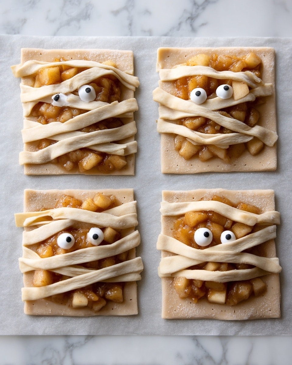 The image shows four square pieces of light beige dough laid out on a white marbled surface covered with parchment paper. Each square has a layer of chunky, golden-brown apple filling in the center. On top of the filling, thin strips of dough are placed unevenly in a crisscross pattern, resembling a mummy's wrapped look. Small, round white candy eyes with black pupils are added near the top of each square, peeking through the dough strips, giving each piece a playful face. The dough strips and the filling create a textured, layered effect, with the soft, shiny filling contrasting with the matte dough. Photo taken with an iphone --ar 4:5 --v 7