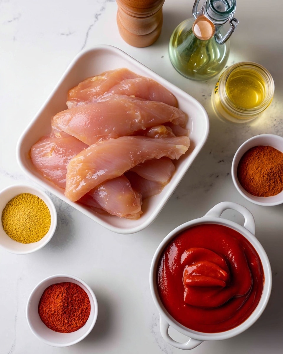 The image shows a white square bowl filled with several raw chicken strips, light pinkish in color with a smooth texture, placed in the center on a white marbled surface. Around it are three small white round bowls containing finely ground spices: one with a yellow powder, one with an orange-red powder, and one with a darker red powder. To the right, there is a white small bowl filled with smooth, thick, bright red sauce swirled on top. Above the chicken bowl, there are three glass containers holding different liquids and a wooden pepper grinder, all arranged neatly. The photo taken with an iphone --ar 4:5 --v 7