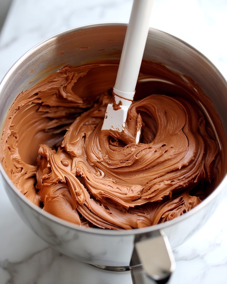 A close-up view of thick, smooth chocolate batter inside a silver mixing bowl with a white mixing paddle coated in the batter resting above it; the batter is rich brown, creamy, and swirled along the metal sides of the bowl, which sits on a white marbled surface photo taken with an iphone --ar 4:5 --v 7