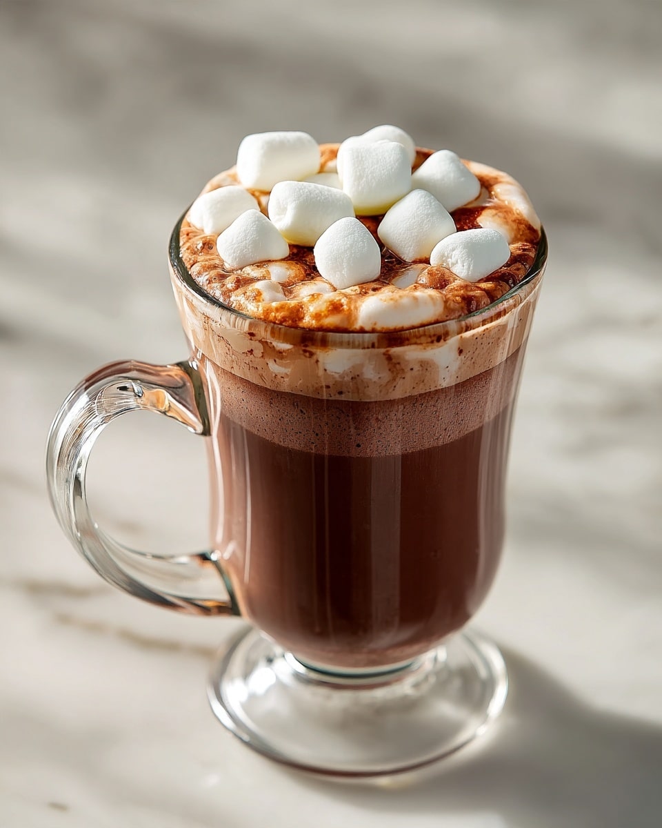 A clear glass cup with a handle is filled with three layers: the bottom layer is dark brown hot chocolate, the middle layer is a lighter, foamy chocolate mix, and the top layer is a group of small white marshmallows sitting above the foam. The cup is on a surface with a white marbled texture seen slightly in the background. The scene has warm and soft lighting, making the drink look cozy and inviting. Photo taken with an iphone --ar 4:5 --v 7