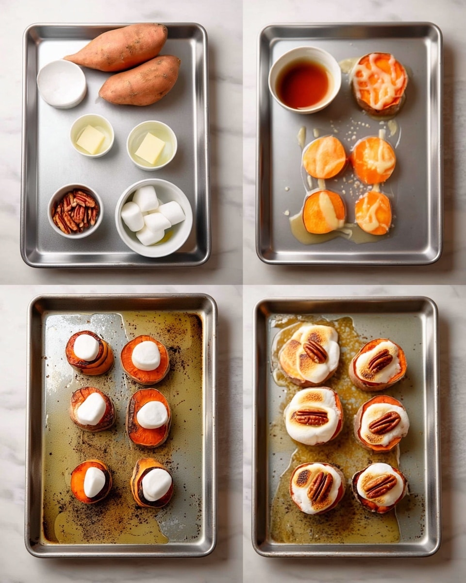 The image shows a cooking process in four parts on a baking sheet placed on a white marbled surface. The first part displays the ingredients: two whole sweet potatoes, a few marshmallows, pecans, butter, salt, and a small bowl of syrup. The second part shows six round slices of sweet potato on the baking sheet, with syrup drizzled on top. In the third part, marshmallows are melted and spread on each sweet potato slice, with melted butter pooling slightly around them. The final part has a toasted marshmallow layer topped with a single pecan on each sweet potato slice, all resting on the baking sheet with baked butter and syrup around. Photo taken with an iphone --ar 4:5 --v 7