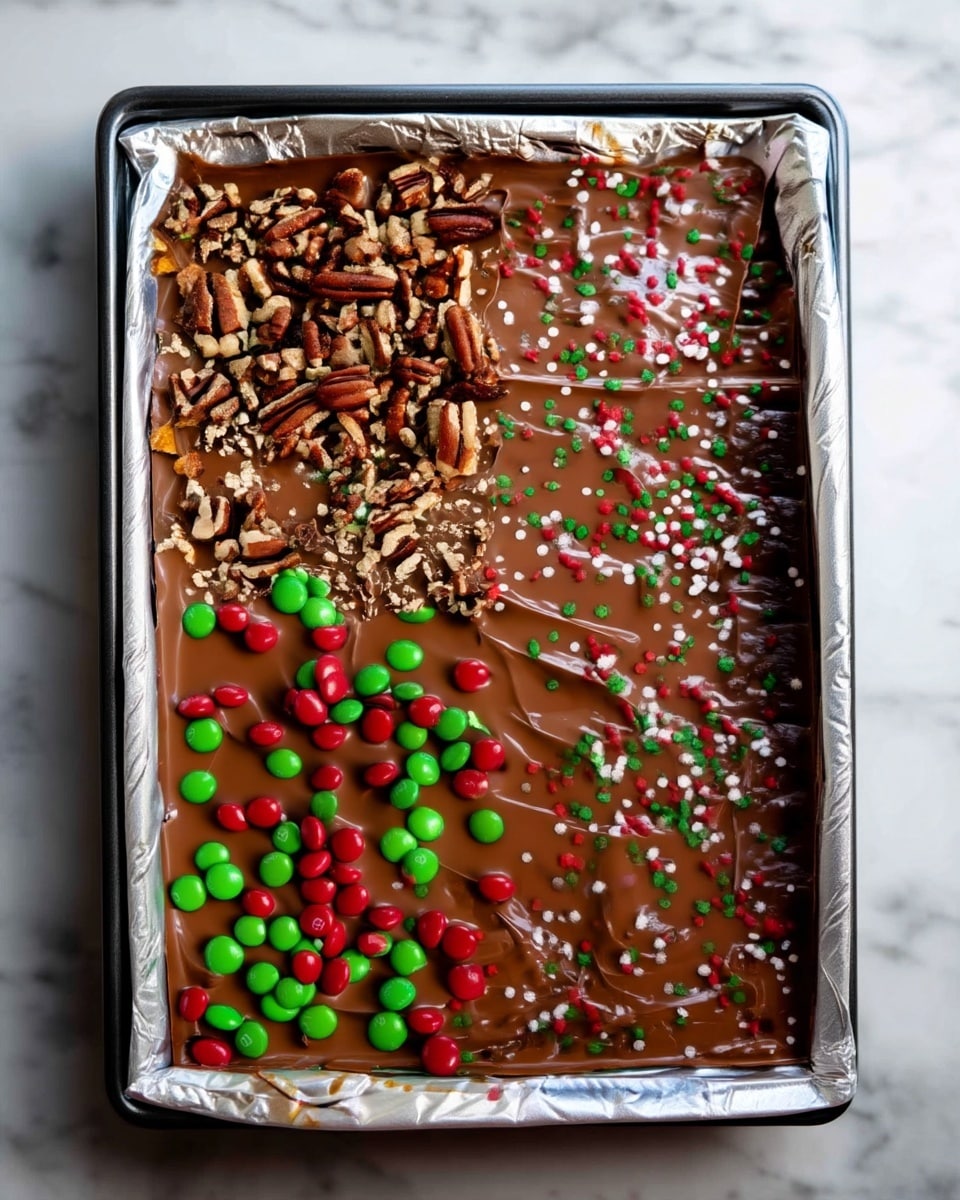 The image shows a close-up of a large rectangular tray filled with chocolate bark decorated in four different sections. The top left section is covered with small pieces of chopped pecans with a rough texture and brown color. The bottom left section has a cluster of green and red round candy-coated chocolates scattered on the chocolate surface. The top right section is decorated with small white and green round sprinkles mixed with red star-shaped sprinkles. The bottom right section has a similar sprinkle pattern but with a slightly more even spread of the white, green, and red small decorations. The tray is lined with foil and placed on a white marbled surface. Photo taken with an iphone --ar 4:5 --v 7