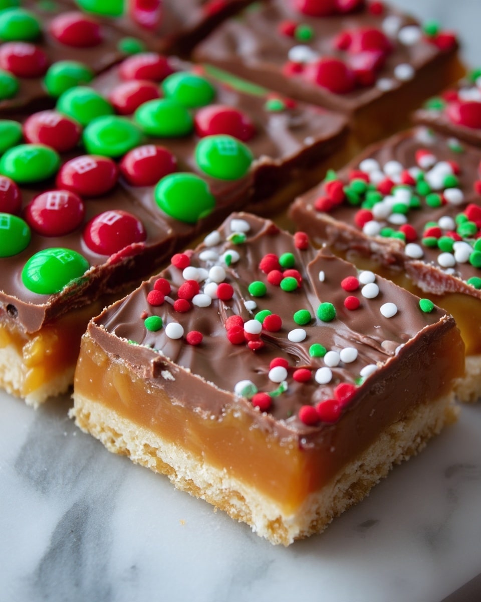 The image shows multiple square pieces of a dessert layered in three parts: the bottom layer is a light, crispy crust, the middle is a thick, caramel layer with a smooth shiny texture, and the top layer is a milk chocolate with a glossy finish. The chocolate layer is decorated with red and green round candy pieces on the left squares and sprinkled with red, green, and white small round confetti sprinkles on the right squares. The dessert pieces are placed on a white marbled surface. Photo taken with an iphone --ar 4:5 --v 7