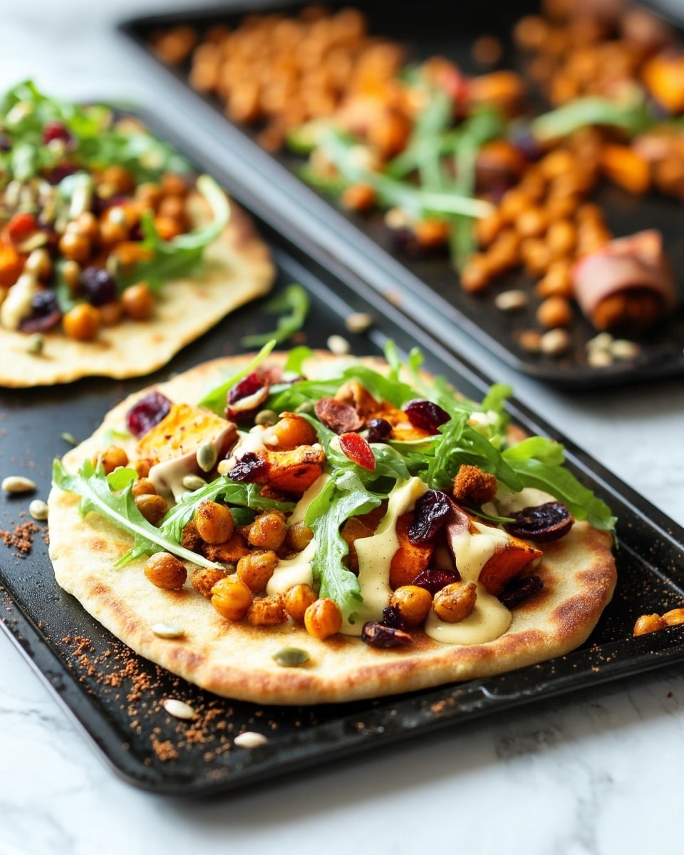 The image shows a flatbread topped with several layers starting with roasted chickpeas and chunks of roasted sweet potato placed in the center. On top of this, a mix of fresh green arugula leaves and dried red cranberries is scattered, followed by light green pumpkin seeds sprinkled over. The dish is finished with a creamy white sauce drizzled generously over the toppings. The flatbread sits on a dark surface with a tray of roasted chickpeas and sweet potatoes blurred in the background. The overall colors are warm orange-browns, green, and creamy white, with textures from crunchy chickpeas and soft vegetables. Photo taken with an iphone --ar 4:5 --v 7