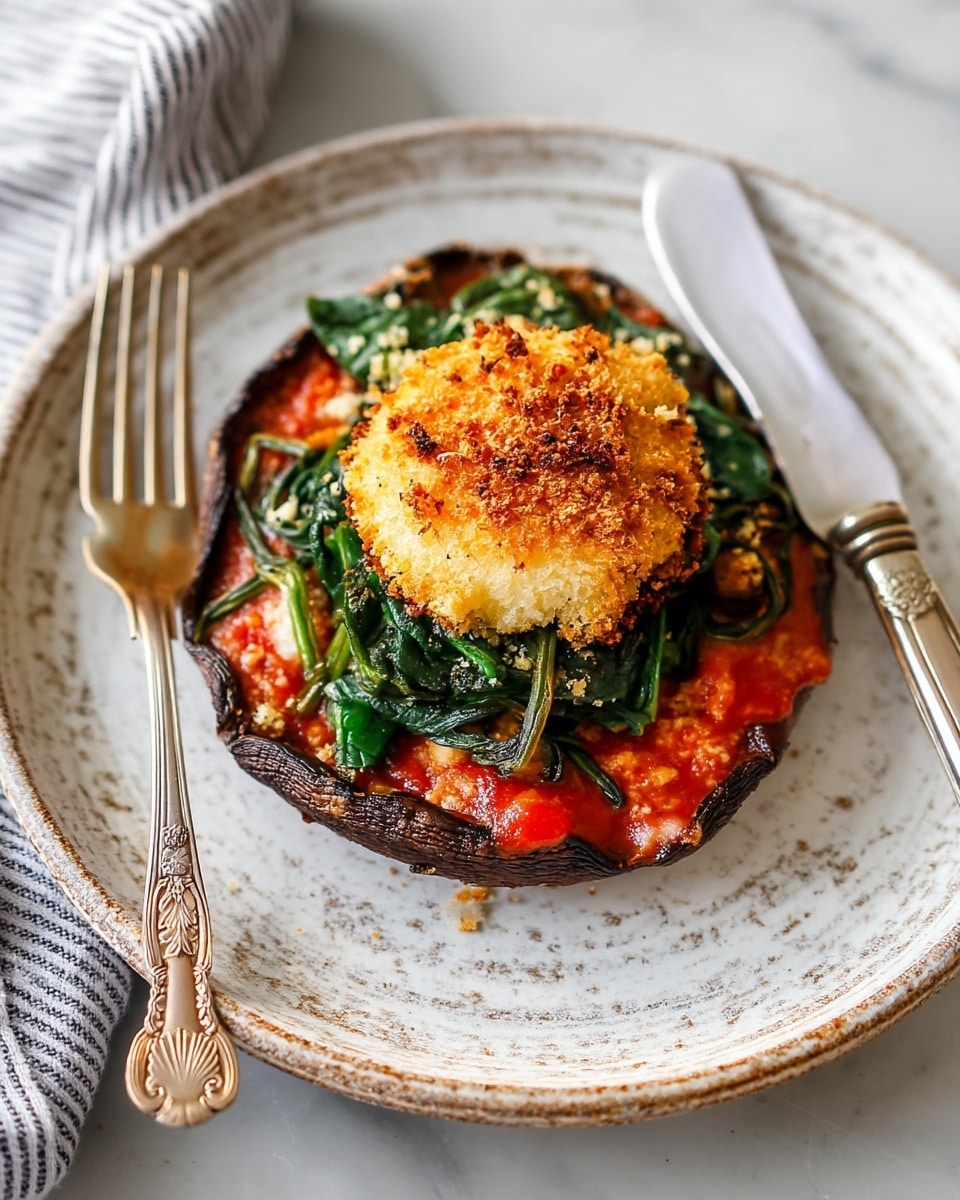 Stuffed Portobello Mushrooms with Crispy Goat Cheese Recipe 5 A round white plate with a rustic texture holds a layered dish placed at its center. The bottom layer is a dark brown, roasted mushroom cap with slightly curled edges. On top of this is a thick, bright red tomato sauce spread evenly. Above the sauce, there is a layer of vibrant green sautéed spinach with some visible sliced mushrooms mixed in. The final top layer is a golden-brown, crispy, round crusted mound that looks creamy inside, sprinkled lightly with toasted crumbs. To the left of the plate lies a vintage silver fork with ornate detailing, and to the right, a simple white knife rests on the plate. The plate is set on a white marbled surface with a gray and white striped cloth partially visible on the top-left corner. photo taken with an iphone --ar 4:5 --v 7