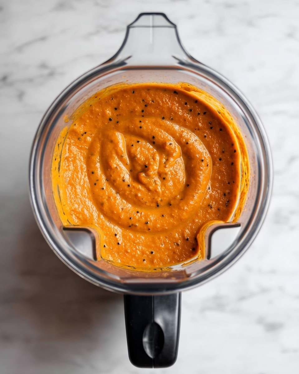 The image shows a close-up top view of a blender filled with a thick orange sauce or puree with small dark specks, its texture smooth but with some slight graininess. The blender container is transparent with a black handle on the right side, placed on a white marbled surface. The sauce fills almost the entire container, swirling slightly in the middle, and the blender’s blades can be faintly seen beneath the sauce. Photo taken with an iphone --ar 4:5 --v 7