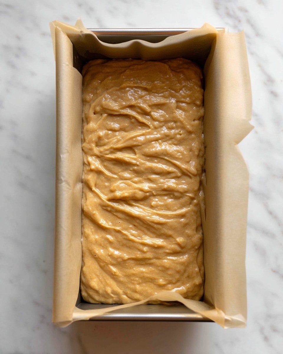 A close-up view of a baking pan lined with beige parchment paper, filled with a thick, light brown batter that has a smooth yet slightly bumpy texture spread evenly inside the rectangular pan. The edges of the parchment paper curl over the sides of the metal pan. The whole setup sits on a white marbled surface. photo taken with an iphone --ar 4:5 --v 7