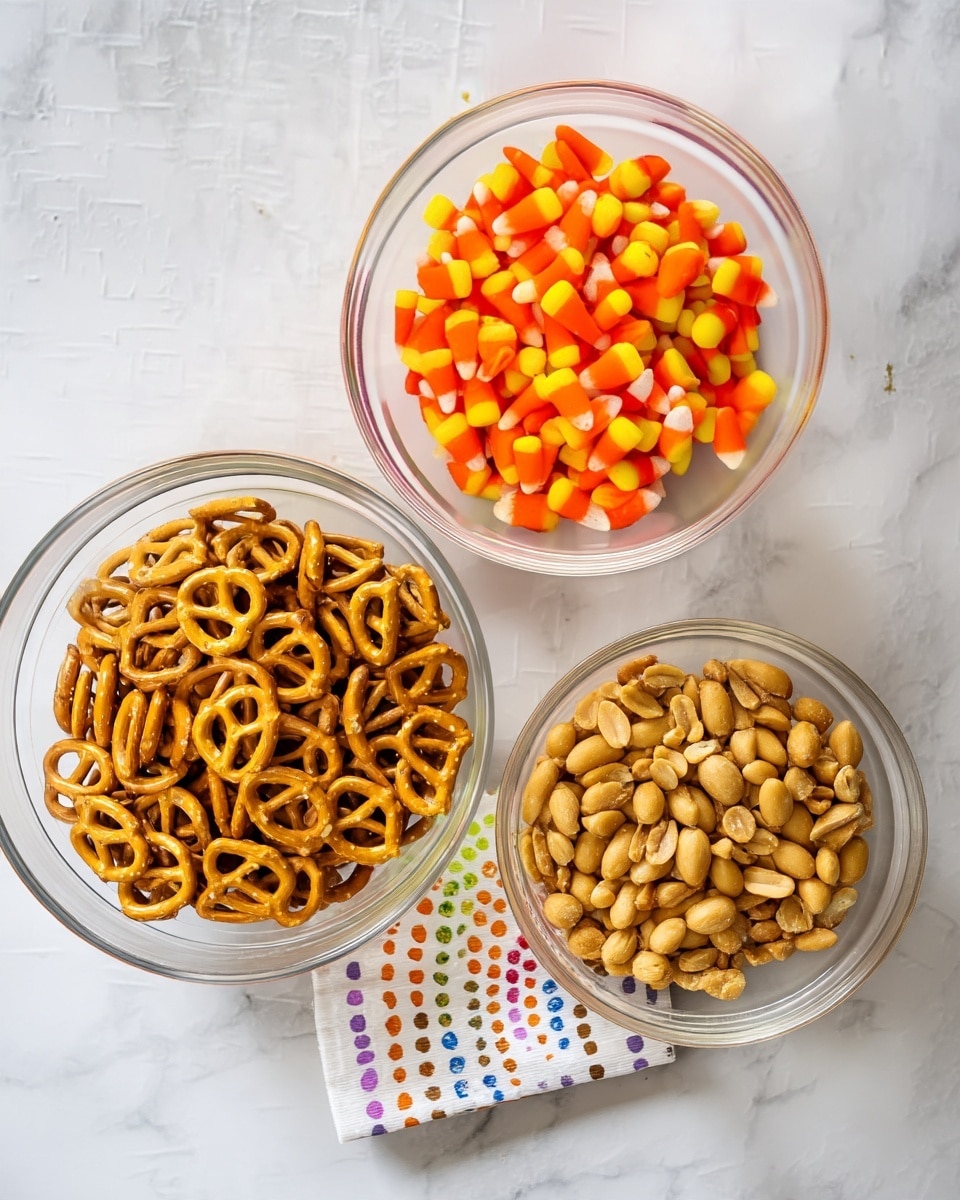 Three clear glass bowls are arranged on a white marbled surface, each showing a different snack. The top bowl is filled with bright orange, yellow, and white candy pieces shaped like small cones. The bottom left bowl holds many small, shiny pretzels that are light brown and crunchy in look. The bottom right bowl contains light brown peanuts with a smooth texture, filling the bowl evenly. A small part of a white napkin with colorful dotted patterns is just visible under the bottom bowls. photo taken with an iphone --ar 4:5 --v 7