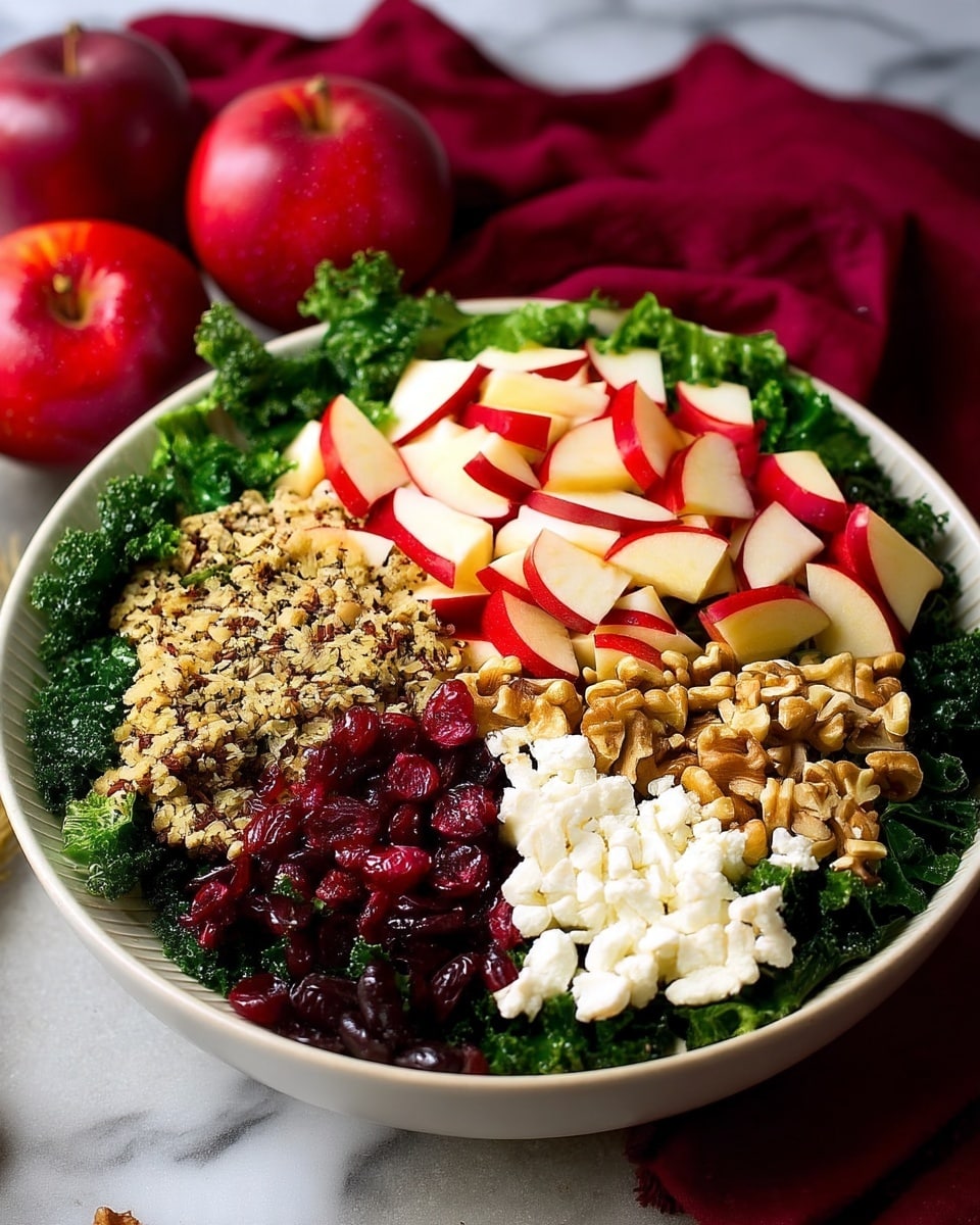 The dish is a white bowl filled with a base layer of dark green kale leaves that cover the bottom and edges. On top, there are five distinct layers arranged side by side in sections: sliced red and white apple pieces on the top right, light brown chopped walnuts next to the apples on the right, white crumbled cheese below the walnuts, dark red dried cranberries below the cheese, and light tan cooked quinoa to the left of the cranberries. The bowl sits on a white marbled surface with two whole red apples and a deep red cloth in the background. Photo taken with an iphone --ar 4:5 --v 7