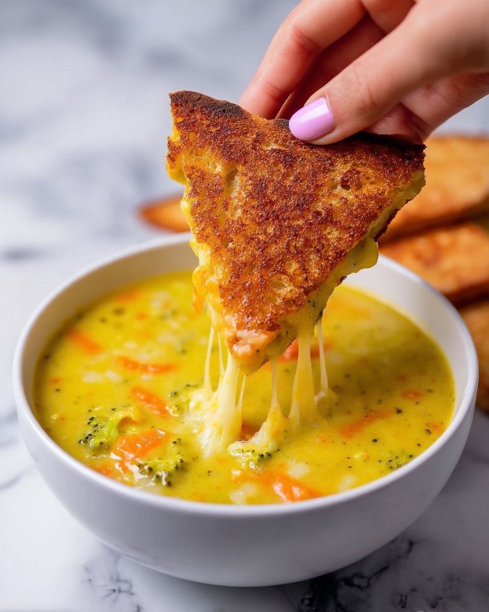 A close-up of a white bowl filled with thick, creamy yellow soup that has visible pieces of orange carrot and green broccoli. A woman's hand is lifting a golden-brown toasted triangular piece of bread coated with melted cheese that stretches from the bread into the soup. The soup’s texture looks smooth with small vegetable bits, and the bread's surface is crispy and shiny. The background and surface are white marble. Photo taken with an iphone --ar 4:5 --v 7