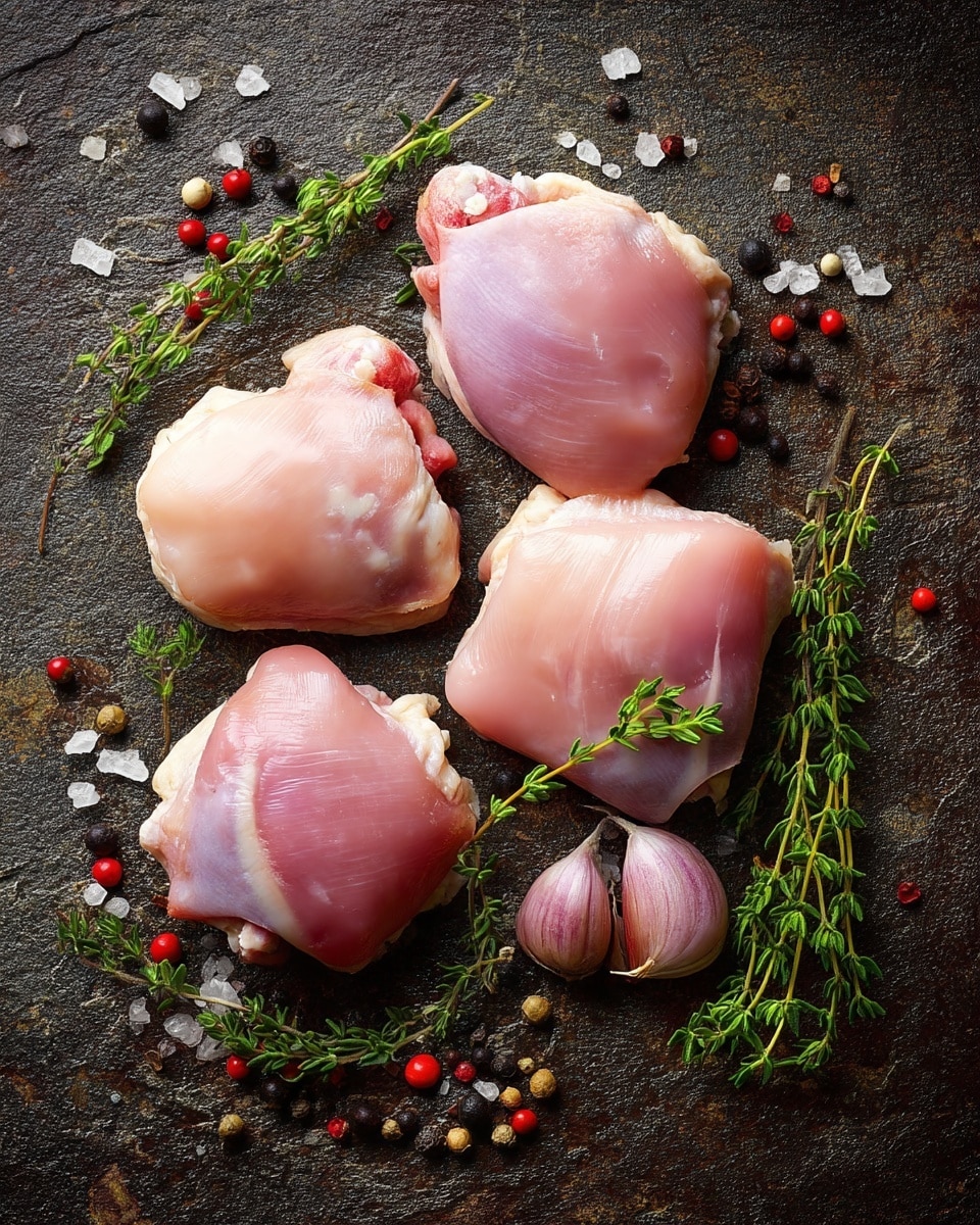 Four raw pieces of pink chicken thighs are placed close together in the center of a dark textured surface. Around them are scattered garlic cloves, sprigs of fresh green thyme, and a few red and black peppercorns, adding contrast and natural colors. The background is detailed with a rough stone look, which gives a rustic feel. photo taken with an iphone --ar 4:5 --v 7