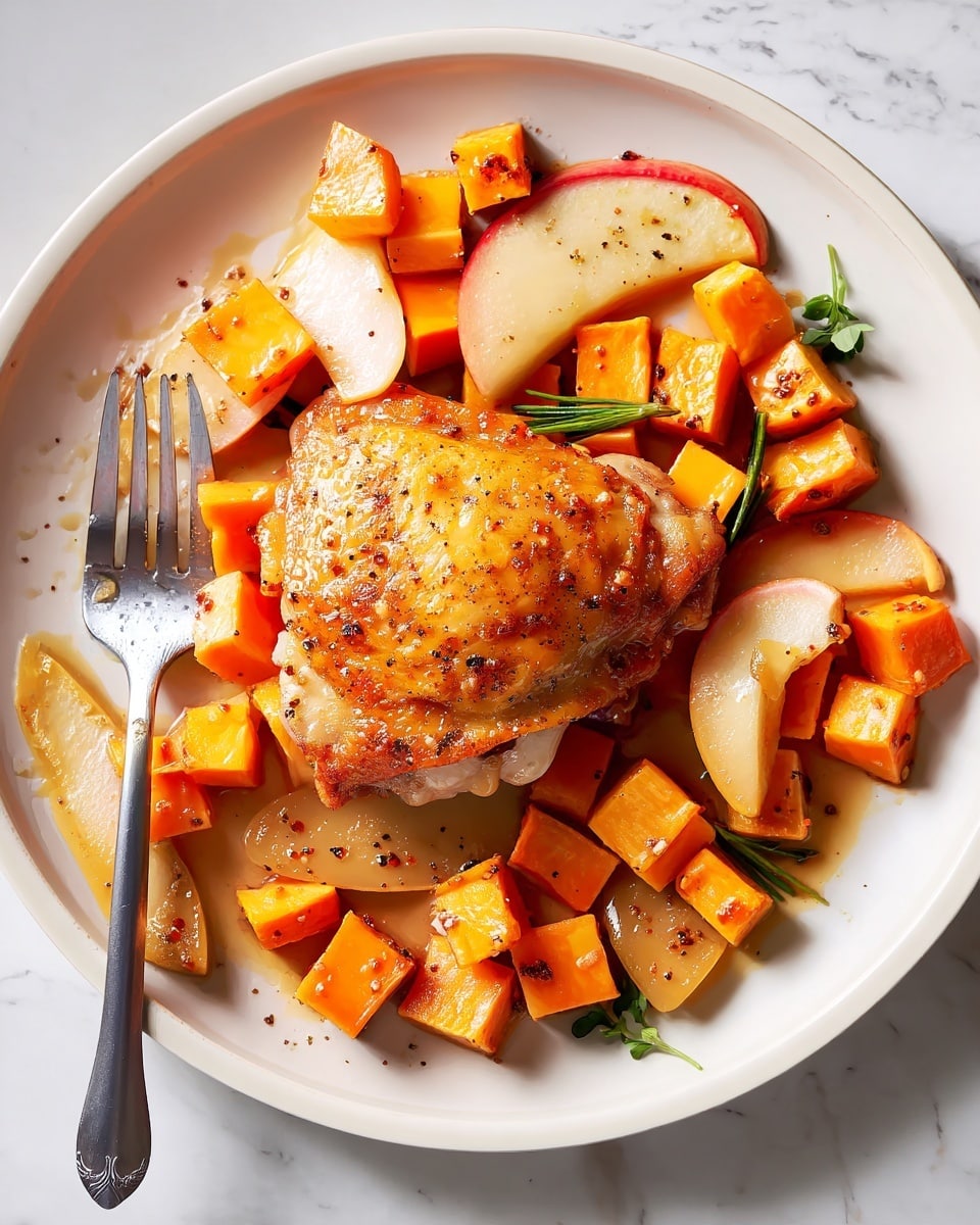 A white plate holds a crispy golden brown roasted chicken thigh placed on top of diced bright orange sweet potatoes and pale yellow apple slices, scattered evenly around. The sweet potatoes have a soft texture, while the apple slices are smooth and slightly shiny. Small sprigs of fresh green herbs are mixed in for color contrast. The chicken skin has a shiny, slightly oily texture with visible black pepper specks. A silver fork rests on the left side of the plate. The plate sits on a white marbled surface. photo taken with an iphone --ar 4:5 --v 7