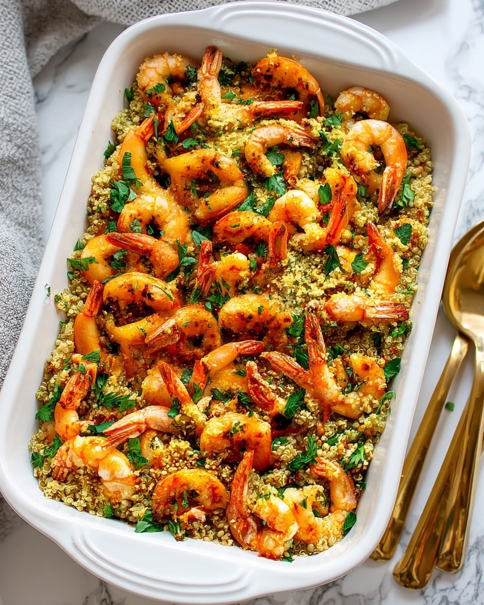 The dish is shown in a white rectangular baking dish filled with two main layers. The bottom layer is made of small, light brown grains with a fluffy texture, likely quinoa, spread evenly across the dish. The top layer consists of cooked shrimp that are orange and light pink in color, each with the tail still attached, arranged over the quinoa. Small green herb pieces are scattered throughout the shrimp adding a fresh pop of color. A golden sauce is being poured over the top from above, creating a shiny effect on the shrimp. The dish is set on a white marbled surface with a spoon and a small glass container with yellow liquid nearby. photo taken with an iphone --ar 4:5 --v 7