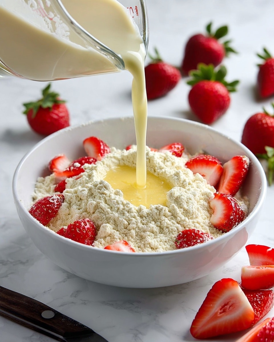 The image shows a white bowl filled with a layer of dry flour that looks soft and powdery. Creamy liquid is being poured from a clear measuring cup into the center of the flour, creating a small pool of light yellow color that starts to blend with the powder around it. Around the bowl, whole red strawberries with green leaves are placed on a white marbled surface along with some sliced strawberries at the lower right corner. A knife with a dark handle lies at the bottom left side of the image. The scene is bright and clean. Photo taken with an iphone --ar 4:5 --v 7