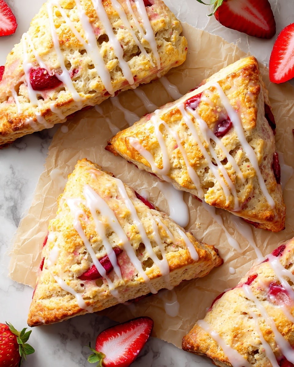 The image shows several triangular scones with a golden brown crust and white glaze drizzled over the top. Inside the scones, bright red strawberry pieces are visible, creating patches of pink and red throughout the light, crumbly dough. The scones are on crinkled parchment paper that rests on a white marbled surface. There are a few fresh red strawberry halves placed around the scones, adding contrast to the soft yellow and white tones of the baked goods and glaze. photo taken with an iphone --ar 4:5 --v 7