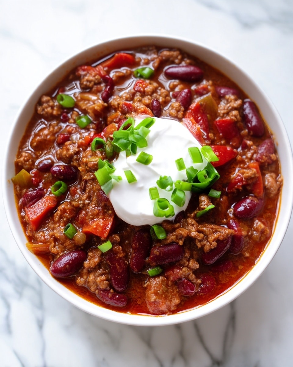 A white bowl filled with chili made of chunks of brown cooked meat, deep red and dark kidney beans, and small pieces of tomatoes. The chili looks thick with a spicy, rich sauce filling the bowl nearly to the top. On the center of the chili, there is a dollop of smooth white sour cream, topped with scattered bright green chopped scallions. The bowl sits on a white marbled surface, and soft natural light highlights the textures of the ingredients. photo taken with an iphone --ar 4:5 --v 7