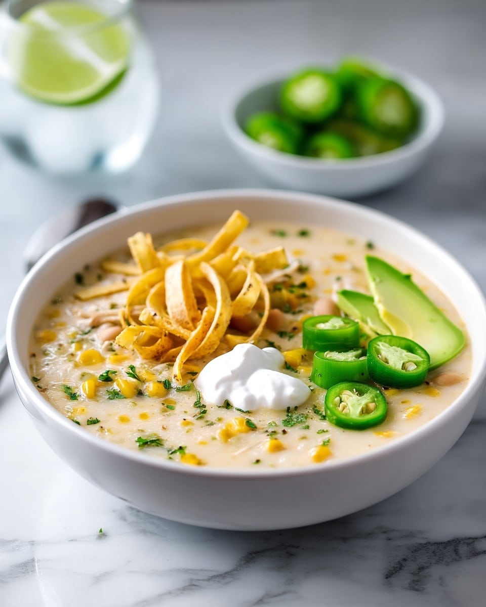 A white bowl filled with creamy soup sits on a white marbled surface. The soup has visible layers including light beige creamy broth mixed with small pieces of shredded chicken, yellow corn kernels, and green slices of jalapeño pepper. On top of the soup, there is a dollop of white sour cream and a pile of golden, thin fried tortilla strips. Some green herbs are sprinkled over the surface for color. A spoon is partially dipped into the soup from the right side of the bowl, and a white lime wedge is blurred in the background. Photo taken with an iphone --ar 4:5 --v 7