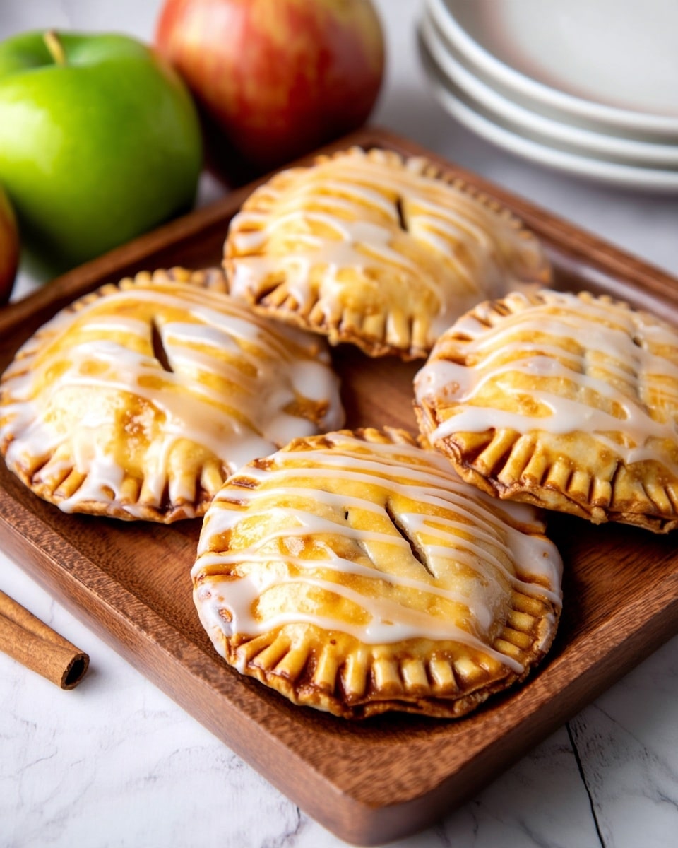 The image shows a wooden tray holding six round mini apple pies with golden-brown crusts. Each pie has a light glaze drizzle on top, adding a shiny white layer that contrasts with the warm crust. To the side, a white plate has three more mini pies, also glazed similarly. The background is a white marbled surface with two fresh apples, one green and one red-yellow, along with two cinnamon sticks placed nearby. Two silver forks lie together near the bottom left, and a white textured cloth is slightly visible on the top right corner. Photo taken with an iphone --ar 4:5 --v 7