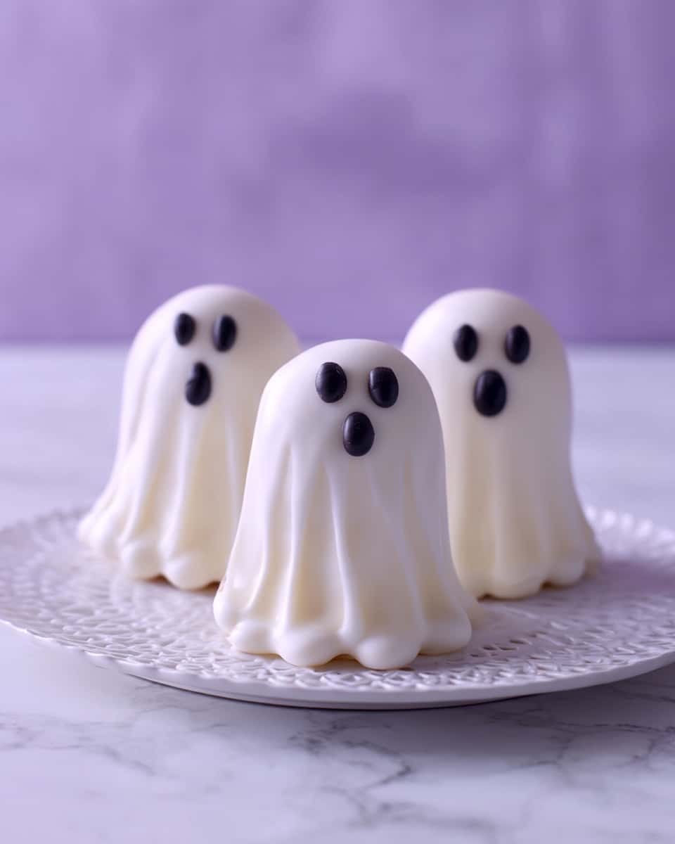 The image shows three small ghost-shaped treats on a round white plate with a delicate edge pattern. Each ghost is covered in smooth white icing, creating a soft, shiny surface. They have two round black eyes and a larger oval black mouth, all made from small dots of icing, positioned near the top front. The ghosts stand upright with a slightly wavy base that looks like dripping icing. The plate is placed on a white marbled surface, and the background is a soft purple color. The overall look is simple, cute, and spooky, perfect for Halloween. photo taken with an iphone --ar 4:5 --v 7