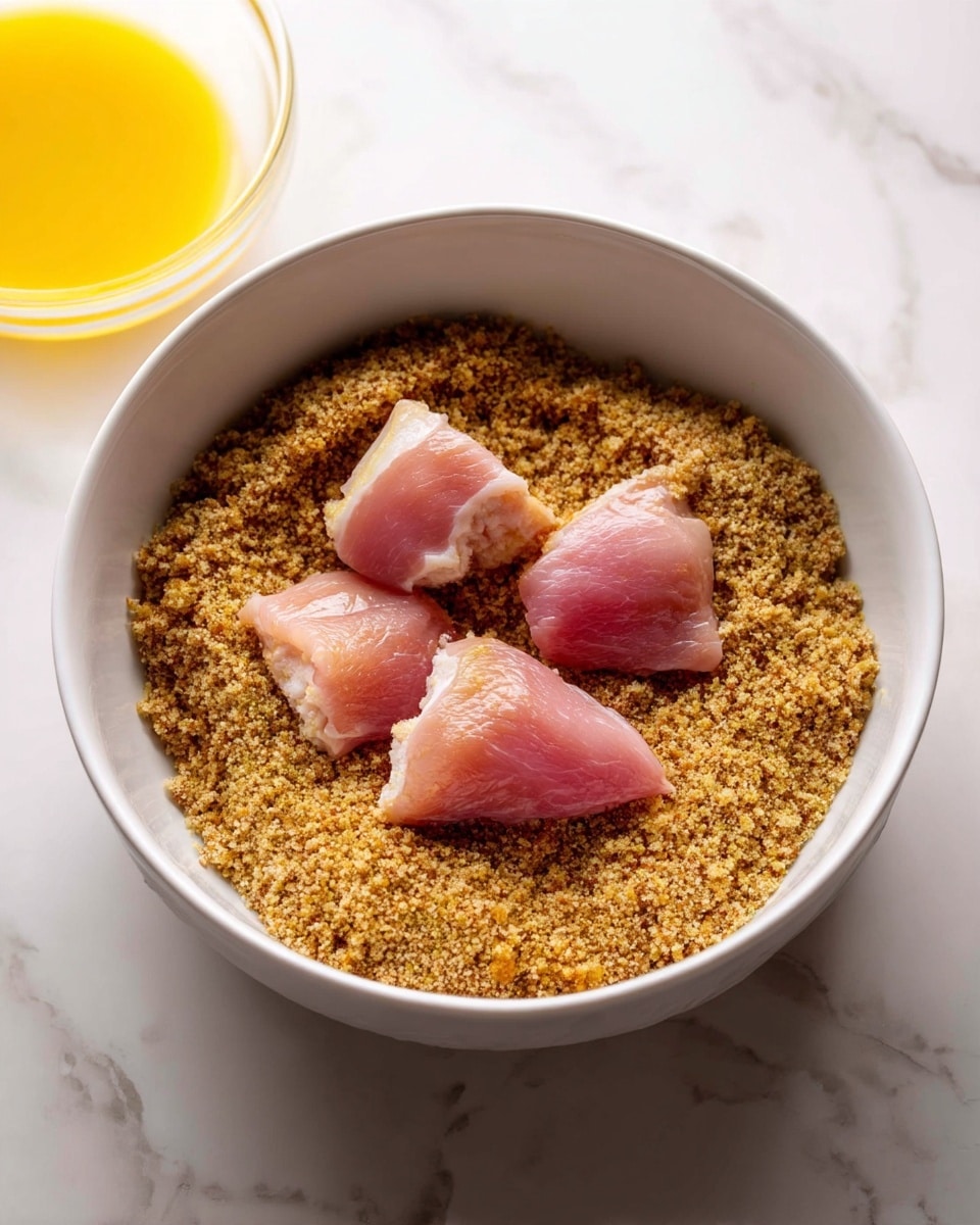 A white bowl with a coarse crumb mixture inside. On top, there are three small pieces of light-colored raw meat placed spaced apart over the crumbs. The bowl is set on a white marbled surface with part of a yellow liquid in a clear bowl visible in the corner. Photo taken with an iphone --ar 4:5 --v 7
