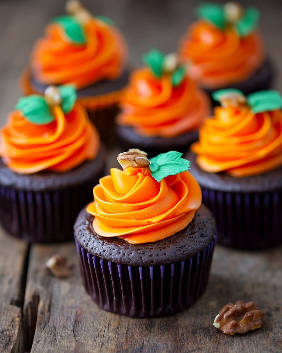 A group of dark chocolate cupcakes with deep brown, almost black bases wrapped in dark purple liners sit on a rustic wooden surface. Each cupcake has one large swirl of bright orange frosting on top, smooth and creamy in texture, shaped like a rose. Bright green frosting leaves sit beside a small piece of walnut on top of the orange frosting. The scene is close-up, showing multiple cupcakes in soft focus behind the front one. photo taken with an iphone --ar 4:5 --v 7