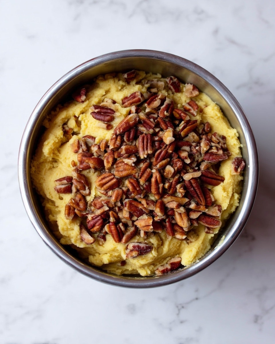 The image shows a close-up of a metal bowl filled mostly with a yellow dough that looks soft and slightly crumbly. On top of the dough is a thick layer of chopped pecans, scattered unevenly across the surface. The pecans are brown with a bit of shine, contrasting with the smooth dough underneath. The background is a white marbled surface, adding a clean and simple feel to the picture. Photo taken with an iphone --ar 4:5 --v 7