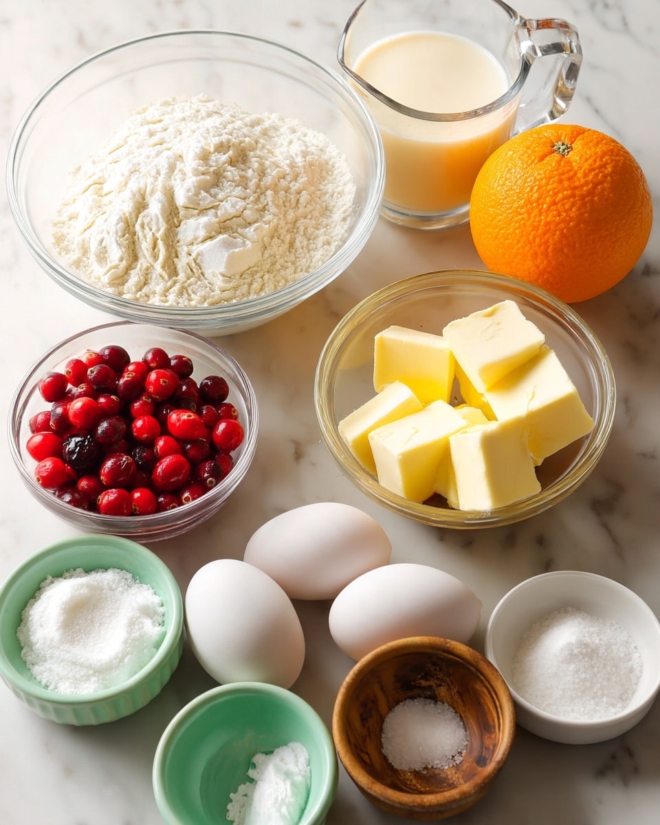 The image shows a group of ingredients arranged neatly on a light wood surface. There is a large clear glass bowl filled with white flour on the left. Next to it is a clear glass measuring cup with a small amount of milk, slightly creamy in color. Nearby, a bright orange sits whole with smooth skin. Two white eggs lay side by side close to a small white bowl holding several neatly arranged yellow butter cubes. A clear glass measuring cup filled with bright red cranberries sits next to a white bowl holding white granulated sugar. In front of these, there are two tiny bowls, one pale green with white baking powder and one brown with a small amount of salt. The whole arrangement is on a white marbled surface photo taken with an iphone --ar 4:5 --v 7