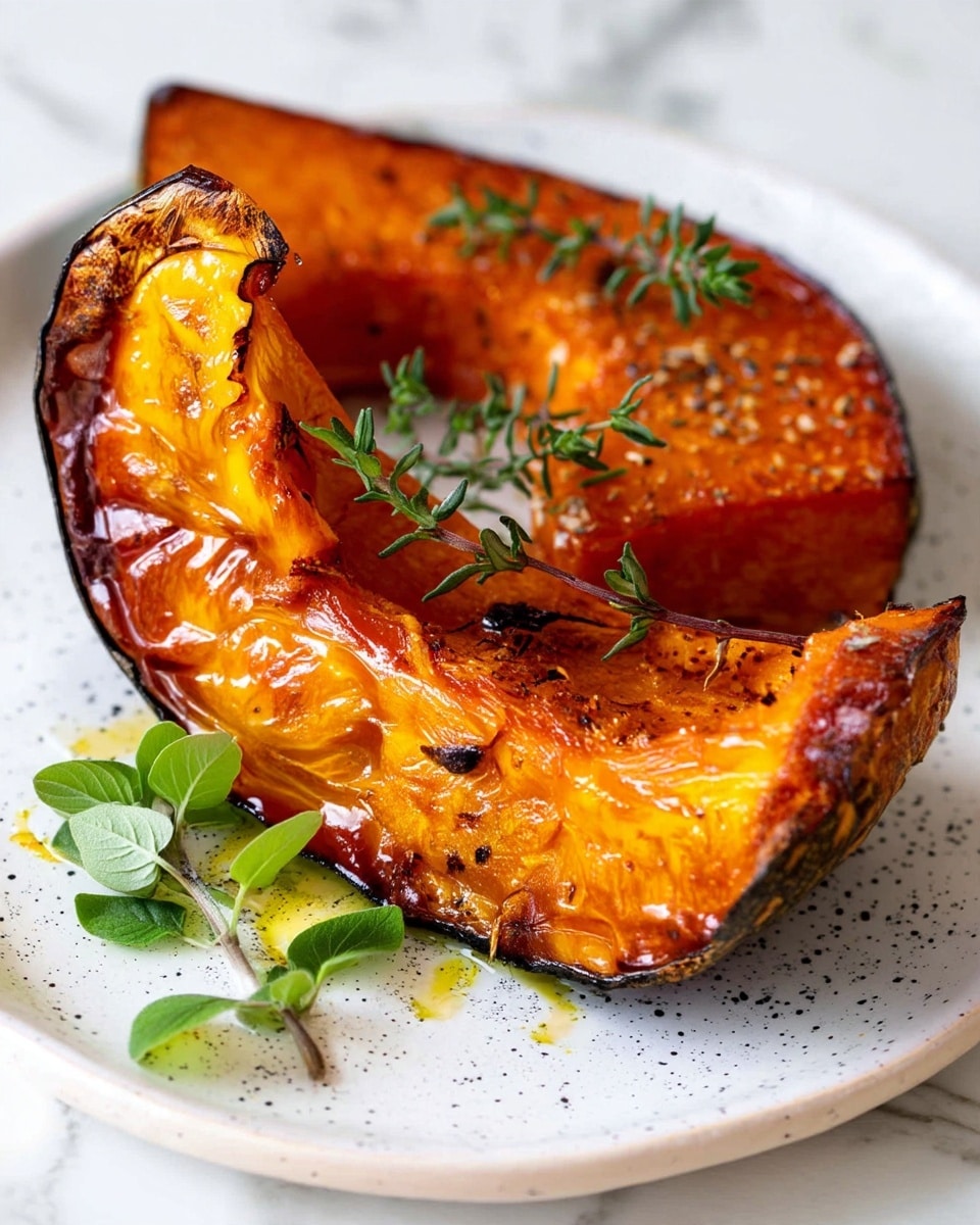 The image shows four roasted pumpkin slices arranged on a white plate, placed on a white marbled surface. Each slice has a thick bottom layer of dark green, slightly wrinkled skin, with a thick top layer of vibrant golden-orange, caramelized pumpkin flesh that looks soft and shiny with some charred edges. One pumpkin slice in the foreground is tilted, showing its curved form, and fresh green herbs are placed next to and on top of the slices for decoration. The warm lighting highlights the rich texture and crisp edges of the roasted pumpkin. Photo taken with an iphone --ar 4:5 --v 7