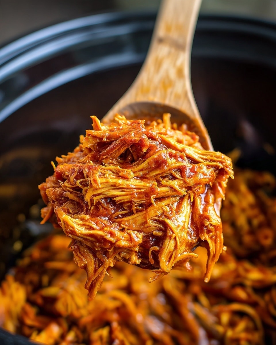 Easy Crockpot BBQ Chicken (Pulled Chicken) Recipe 4 A wooden spoon lifts a generous scoop of shredded, saucy chicken from a large black pot. The chicken is richly coated in a bright reddish-orange sauce that looks thick and glossy. The shredded pieces vary slightly in size, showing moist strands layered together tightly on the spoon. The background is softly blurred, filled with more shredded chicken in the black pot. The texture of the chicken looks tender and juicy, with visible sauce coating each piece. Photo taken with an iphone --ar 4:5 --v 7