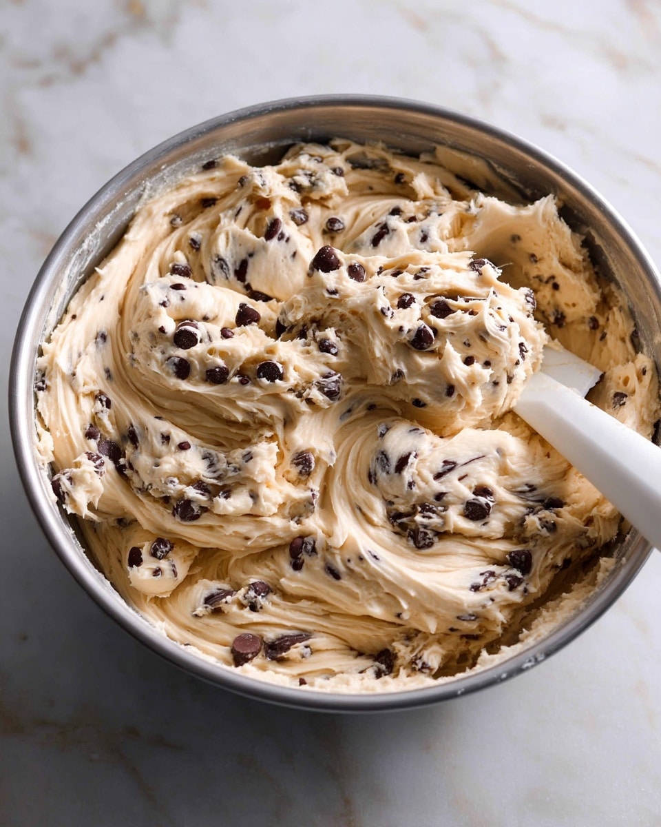 Yogurt Chocolate Chip Cookies Recipe 4 The image shows a close-up view of a large metal bowl filled with creamy cookie dough with chocolate chips mixed in. The dough is light beige with swirls and folds creating soft peaks, and small dark brown chocolate chips are scattered evenly throughout. The texture looks thick and smooth but slightly rough where it has been stirred. A white spatula is seen on the right side, partially submerged in the dough. The background and surface beneath the bowl have a white marbled texture. Photo taken with an iphone --ar 4:5 --v 7