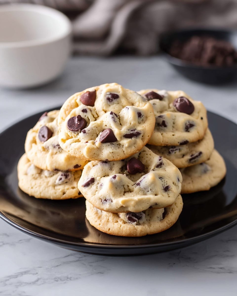 Yogurt Chocolate Chip Cookies Recipe 5 The image shows a close-up of a stack of soft chocolate chip cookies with a light golden-brown texture, dotted with warm brown melted chocolate chips. The cookies have a slightly rough surface with visible chocolate chunks spread evenly throughout each cookie. Behind the stack, there is a clear glass bottle filled with white milk, softly blurred to keep the focus on the cookies. The background includes a slightly textured, dark cloth that contrasts with the white marbled surface beneath the cookies and bottle. photo taken with an iphone --ar 4:5 --v 7