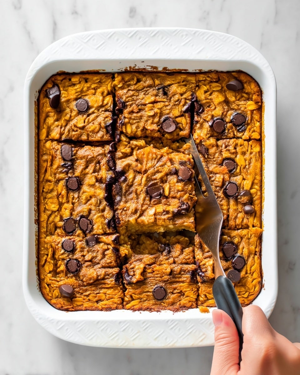 Pumpkin Baked Oatmeal Recipe 5 A square piece of thick, golden brown baked oatmeal with visible oats and small dark chocolate chips scattered evenly on the top layer is being lifted by a spatula from a white rectangular baking dish. The oatmeal has a moist and soft texture, with clear square portions still in the dish. In the background, a woman's hand holds the spatula, and blurred elements include a small bowl with orange content on a white marbled surface. photo taken with an iphone --ar 4:5 --v 7
