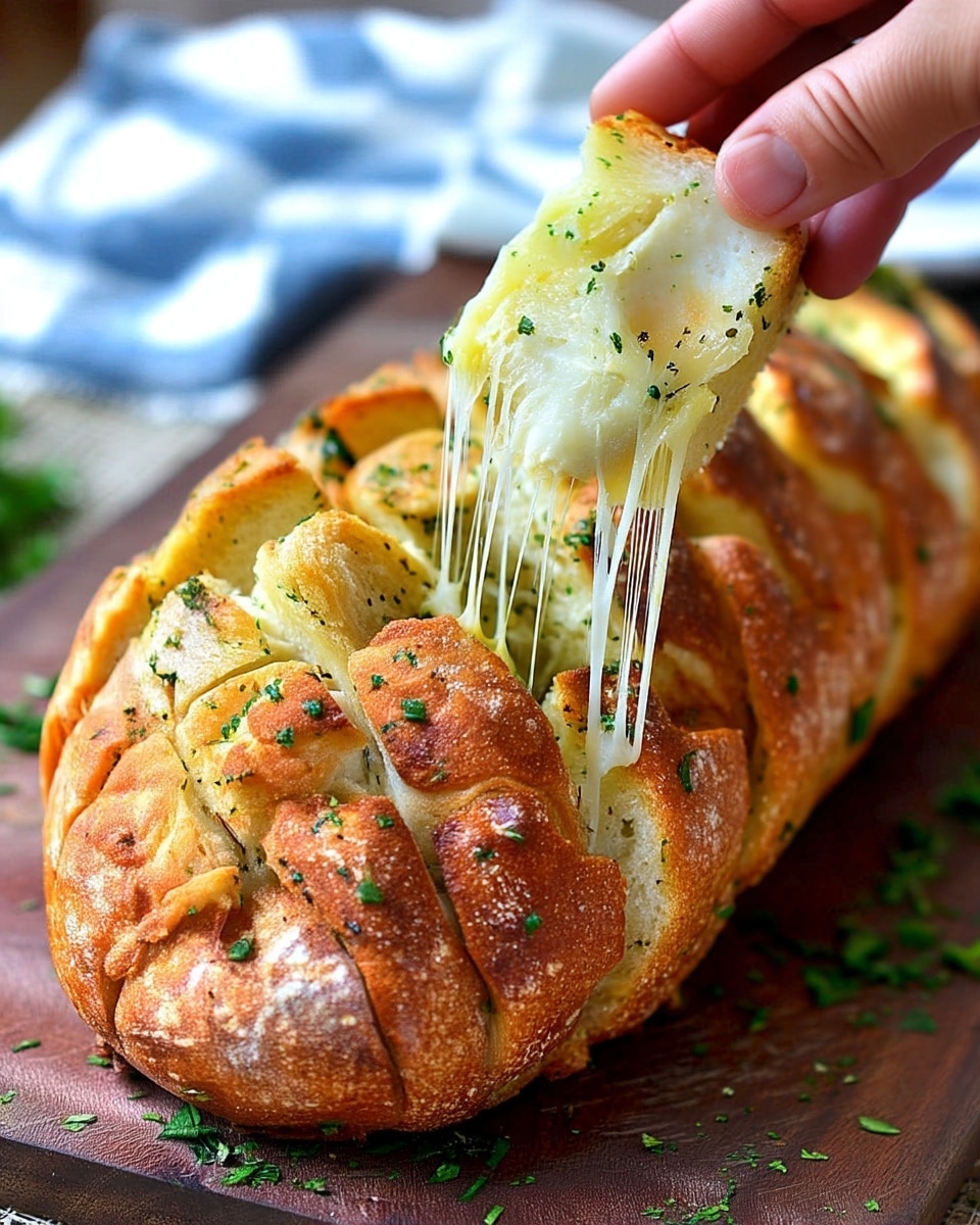 A woman's hand is lifting a square piece from a round pull-apart bread that has a golden-brown crust with visible crisp edges forming a checkered pattern. The piece being lifted shows multiple layers with melted cheese stretching in long thin strings between the bread and the piece, which is light yellow with small green herbs mixed within soft, gooey cheese layers inside. The background is a white marbled surface and the bread rests on crinkled silver foil. Photo taken with an iphone --ar 4:5 --v 7