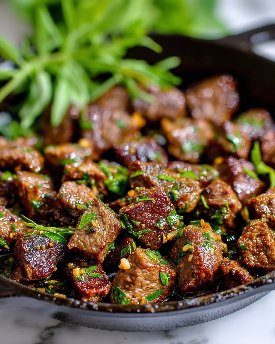 The Easiest Garlic Butter Steak Bites Recipe 5 A close-up of a black cast iron pan filled with many small, browned meat cubes cooked with green herbs and tiny bits of garlic visible on and around the meat. The meat pieces have a slightly crispy texture with a mix of dark brown and lighter brown colors. The pan edges show some oil glistening, indicating the meat is juicy. In the background, blurred green leaves are visible, and the pan is placed on a white marbled surface. photo taken with an iphone --ar 4:5 --v 7