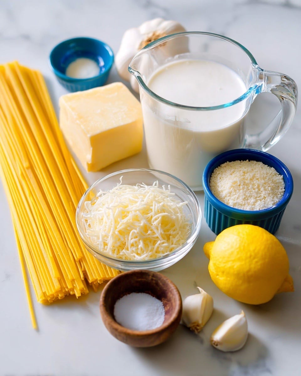 A clear glass measuring cup filled with white cream is placed on a white marbled surface next to a bunch of uncooked yellow spaghetti lying flat. Nearby, there is a small clear glass bowl holding a pale yellow chunk of butter, a blue bowl filled with shredded white cheese, a smaller blue bowl containing a white powdery substance, a whole bright yellow lemon, two peeled garlic cloves, and a small wooden bowl holding coarse white salt. All items are arranged neatly with natural light and soft shadows, photo taken with an iphone --ar 4:5 --v 7