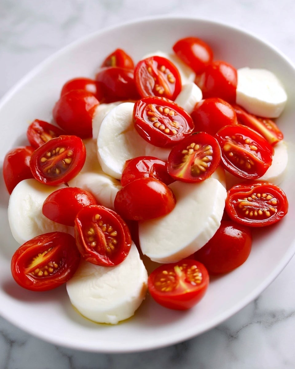 The image shows pieces of white cheese and red cherry tomatoes arranged closely together on a white plate. The cheese is cut into smooth, round slices with a creamy texture. The tomatoes are sliced in half, showing their bright red color and shiny, juicy interior with seeds visible. The cheese and tomato pieces are placed in an alternating pattern, creating a nice contrast of white and red colors. The background surface is a white marbled texture. photo taken with an iphone --ar 4:5 --v 7