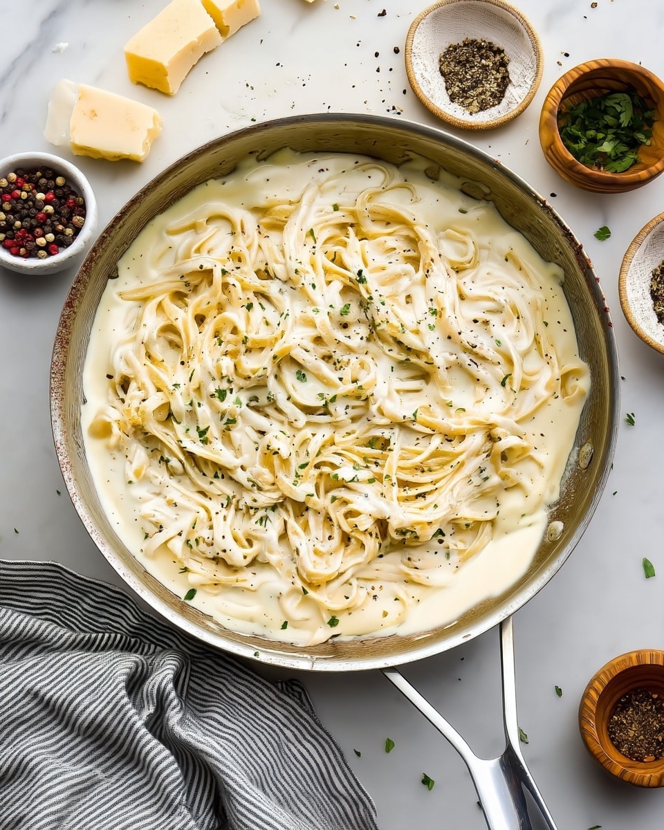 Easy Homemade Alfredo Sauce Recipe 5 A metal pan filled with creamy white sauce pasta. The pasta is long, thin, and tangled, fully covered by the thick sauce which has a smooth, velvety texture. Small specks of black pepper and chopped green herbs are sprinkled on top, adding contrast to the pale color of the sauce. The pan rests on a white marbled surface with pieces of light yellow cheese and small bowls of spices and herbs around it. A gray and white striped cloth is partially visible in the bottom left corner. photo taken with an iphone --ar 4:5 --v 7