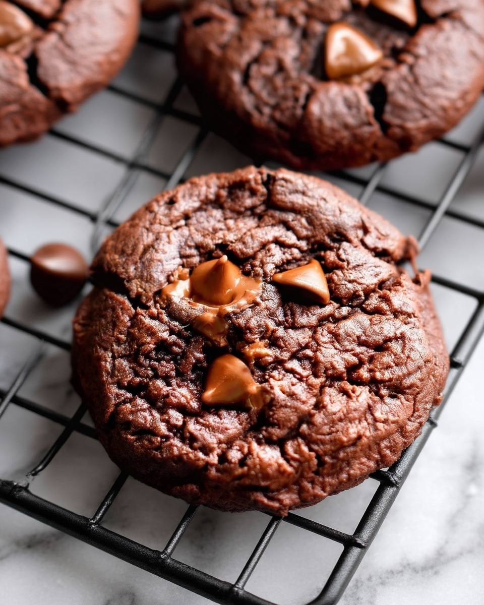 Fudgy Chocolate Brownie Cookies Recipe 5 A close-up view of a single large chocolate cookie resting on a black wire cooling rack placed on a white marbled surface. The cookie has a rough, cracked texture with a rich dark brown color. Near the center are three melted chocolate chips, two still in chip form and one partially melted, creating a shiny, smooth spot contrasting the rough cookie surface. Another cookie, slightly out of focus, is visible in the top part of the image. The photo taken with an iphone --ar 4:5 --v 7