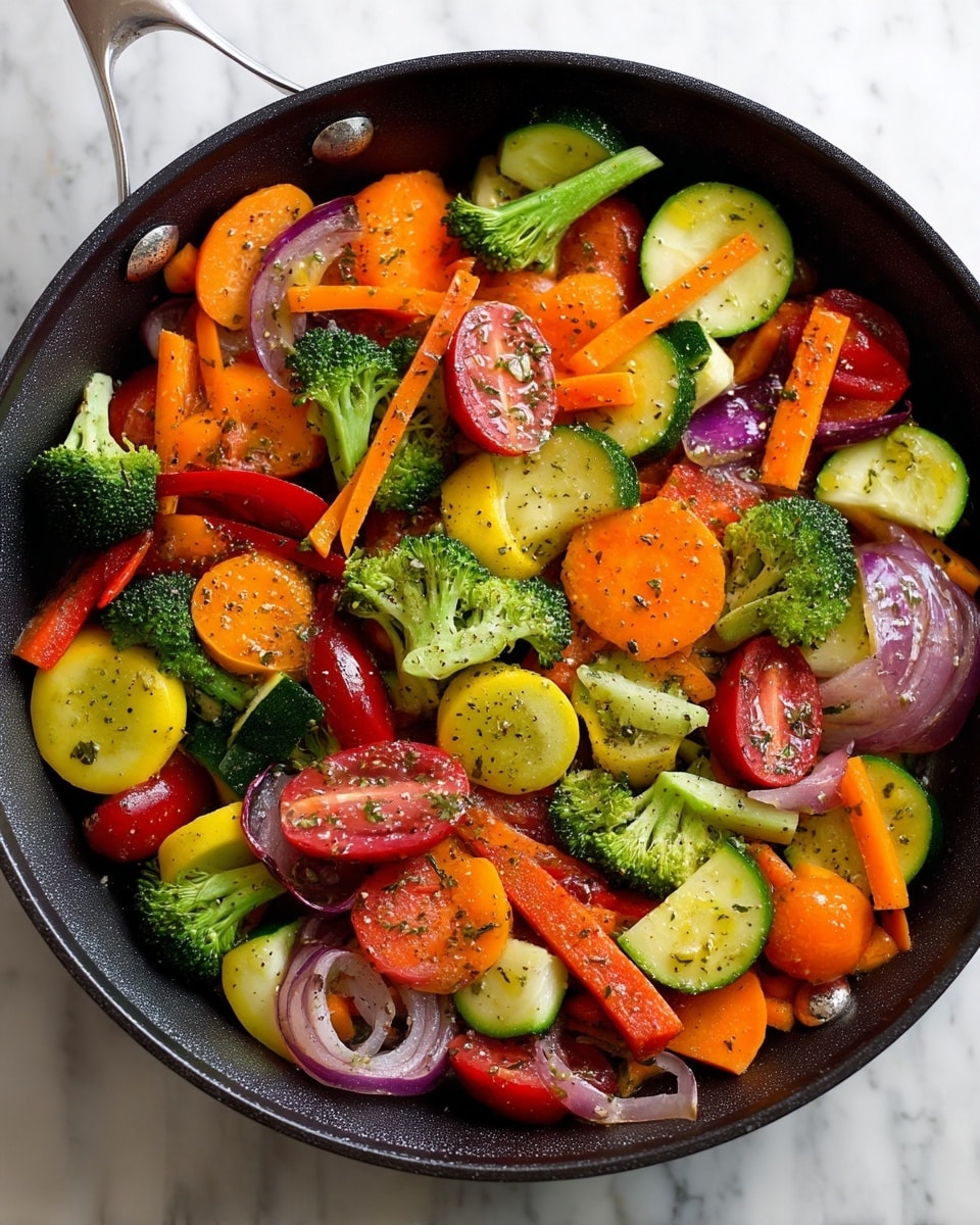 A dark pan holds a mix of bright vegetables layered evenly: orange carrot sticks, green broccoli florets, yellow and green slices of squash and zucchini, red cherry tomato halves, red bell pepper strips, and purple onion wedges, all lightly coated with herbs. The vegetables show a fresh, slightly cooked texture with soft edges and vibrant colors. The pan sits on a white marbled surface, and the dish looks healthy and colorful. photo taken with an iphone --ar 4:5 --v 7