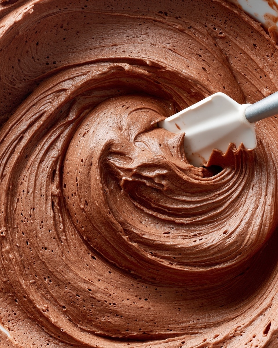 3-Ingredient Low Carb Chocolate Mousse Recipe 4 The image shows a close-up of thick, creamy chocolate mousse being mixed in a bowl. The mousse is rich brown and smooth, with soft waves and folds created by a white spatula that is partially buried in the swirl of mousse. The texture looks light and fluffy with small air bubbles visible throughout. The bowl and background are not visible, focusing closely on the mousse and spatula. photo taken with an iphone --ar 4:5 --v 7