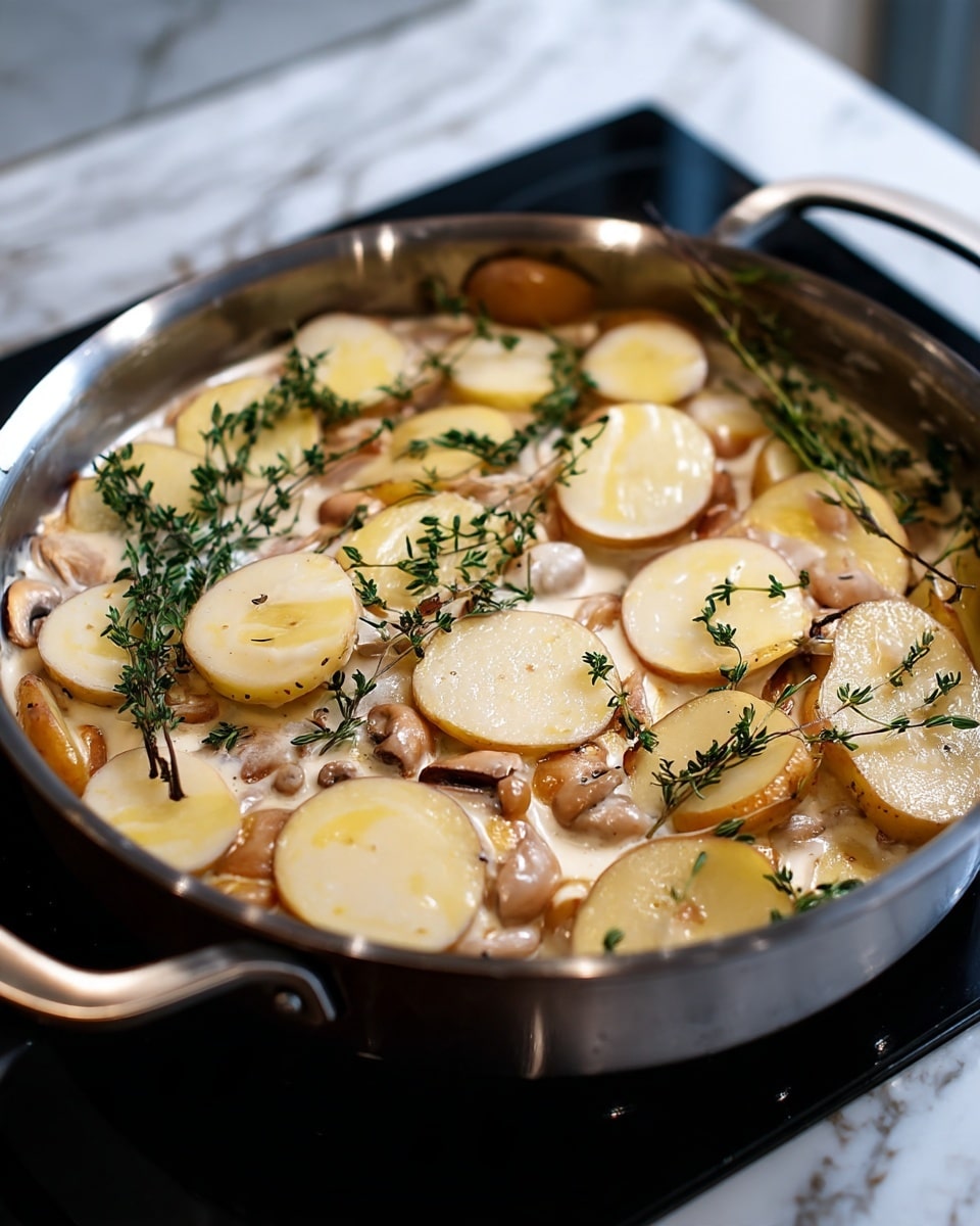 A close-up of a silver pan filled with a creamy dish shows three main layers: the bottom has a white creamy sauce mixed with small white beans, the middle layer holds light golden-brown mushrooms scattered around, and the top layer consists of thin round potato slices with pale yellow centers and brown edges, decorated with fresh green thyme sprigs evenly spread across. The pan handles are visible on both sides, and the pan sits on a black stovetop with a small corner of a wooden surface nearby, all against a white marbled texture background photo taken with an iphone --ar 4:5 --v 7